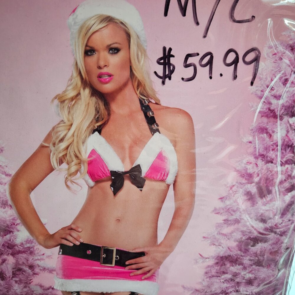 LAST M/L Santa Skirt Garters Bra Top PINK Plush